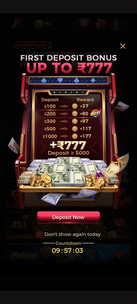 BONU1 Game first deposit bonus popup showing rewards up to ₹777