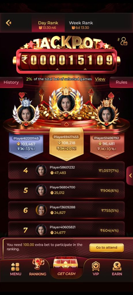 BONU1 Game ranking screen showing jackpot leaderboard and player rankings